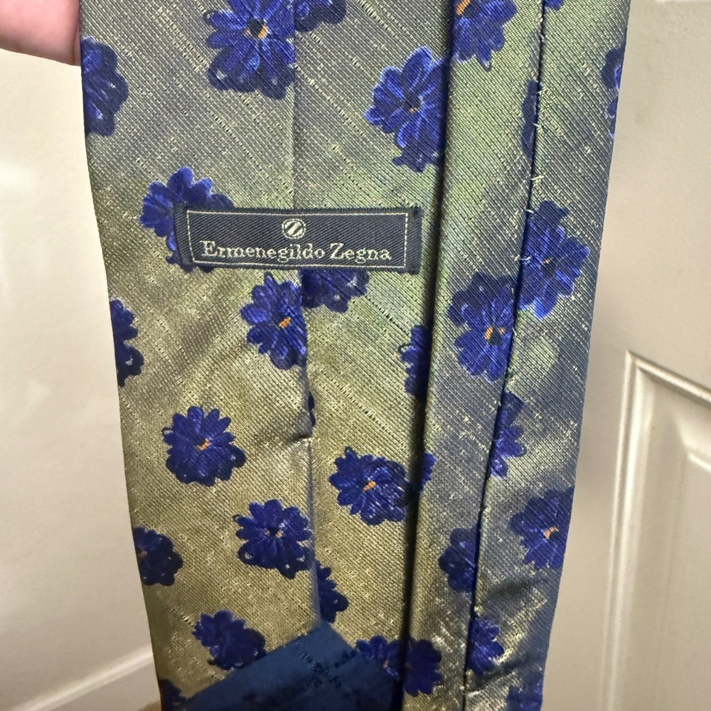 Zegna Silk Tie Olive Green Blue Orange Floral Pattern 3 7/8 Necktie Quiet Lux